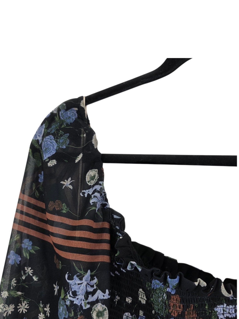 Wilfred Smocking upper Maxi Dress Blue Floral Print and Brown Stripe Accents - Picture 2 of 9